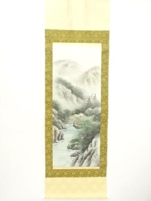 青峯筆　彩色山水　肉筆絹本掛軸